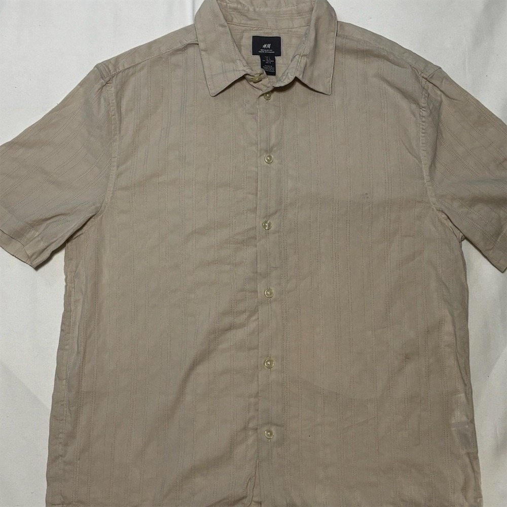 H&M Button-Up Shirt Mens Size L Beige Textured Striped Short Sleeve